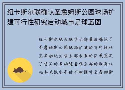 纽卡斯尔联确认圣詹姆斯公园球场扩建可行性研究启动城市足球蓝图